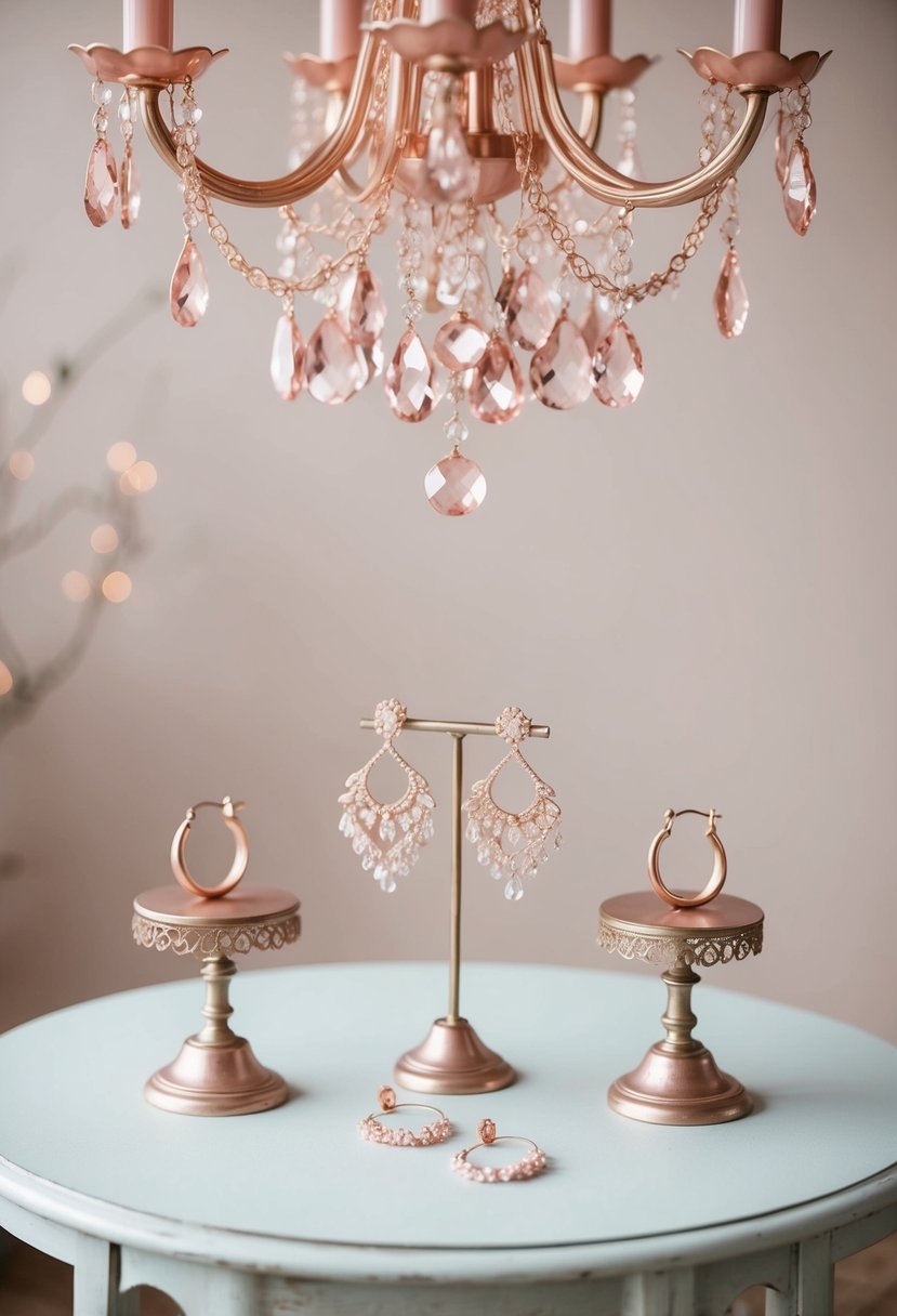 A soft, romantic scene with blush bridal rose gold chandeliers and delicate rose gold wedding earrings showcased on a vintage table