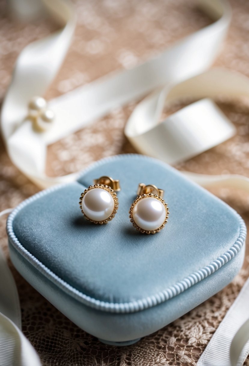 A close-up of elegant pearl studs on a velvet cushion, surrounded by delicate lace and satin ribbons