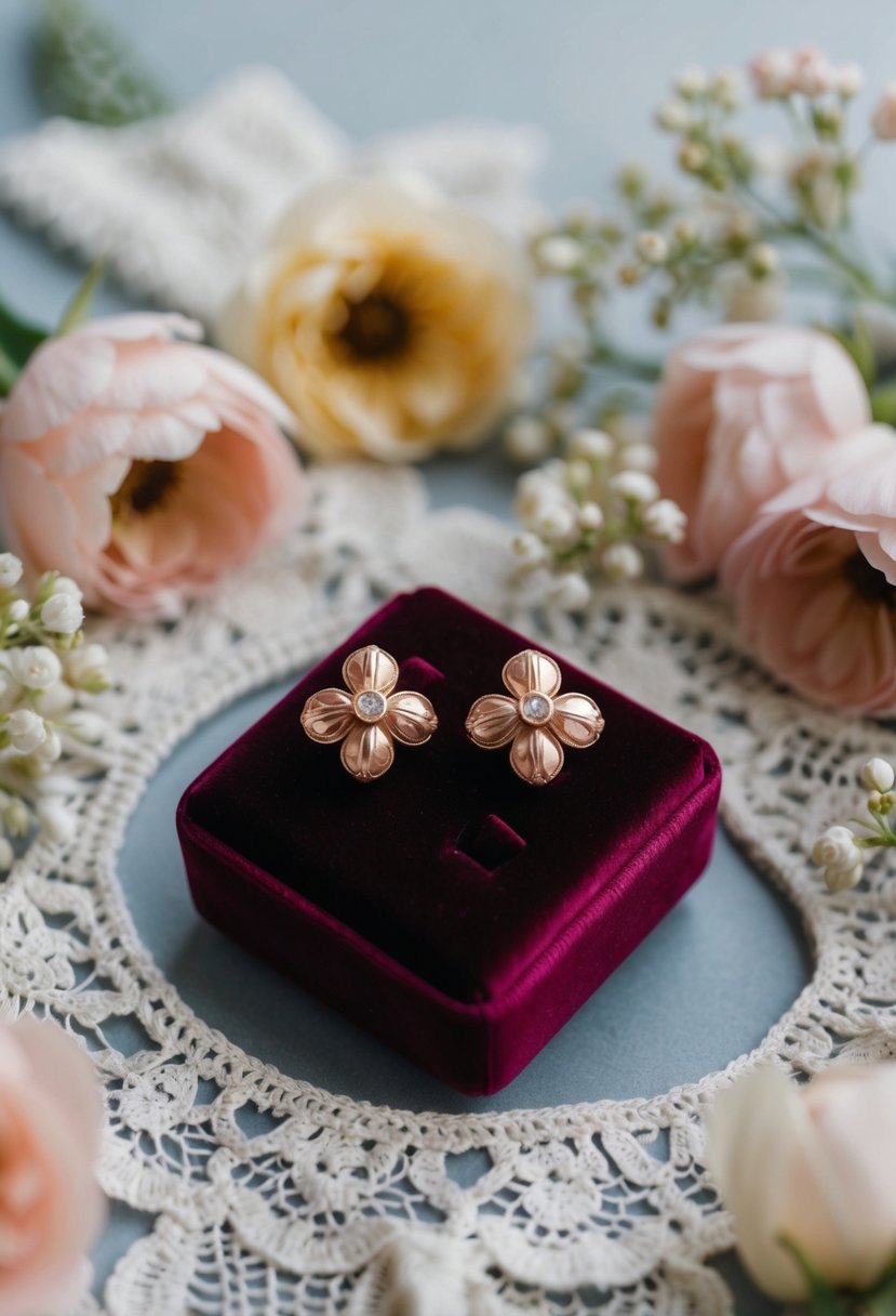 A pair of vintage rose gold studs displayed on a velvet cushion, surrounded by delicate lace and floral accents