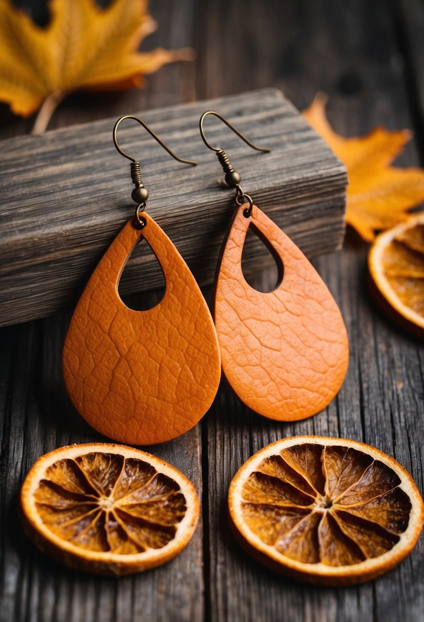 A rustic orange earth-toned drop earrings displayed on a wooden surface with dried orange slices and autumn leaves