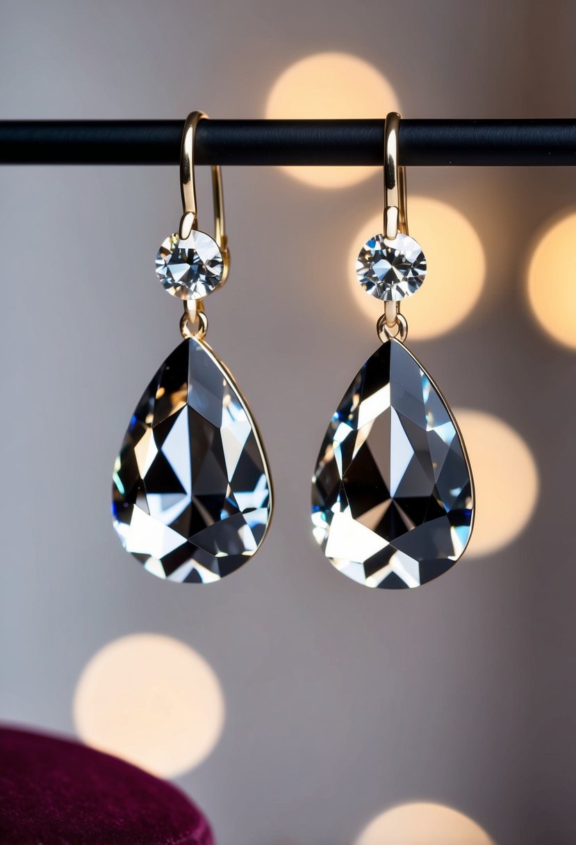 A pair of Swarovski crystal drop earrings displayed on a velvet cushion with soft lighting