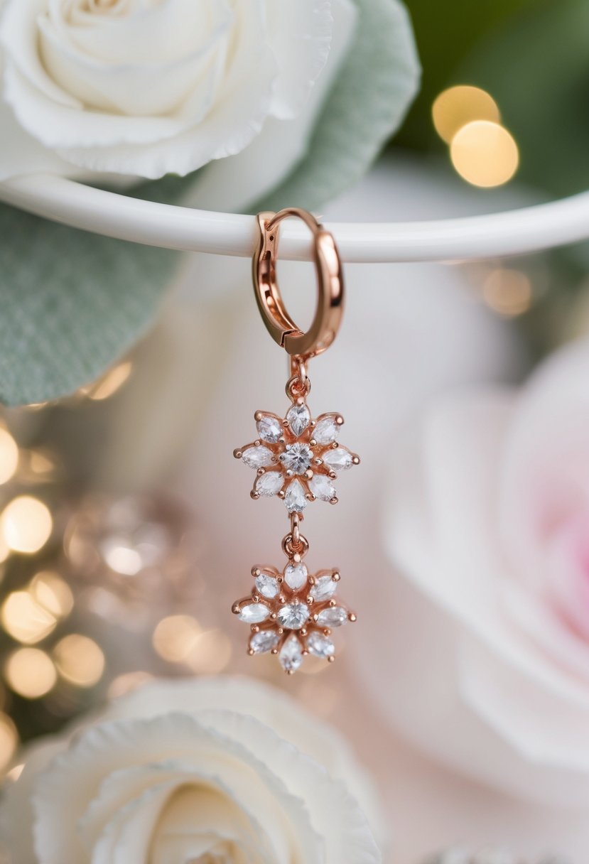 A delicate floral rose gold earring dangles from a crystal stud, catching the light in a romantic wedding setting