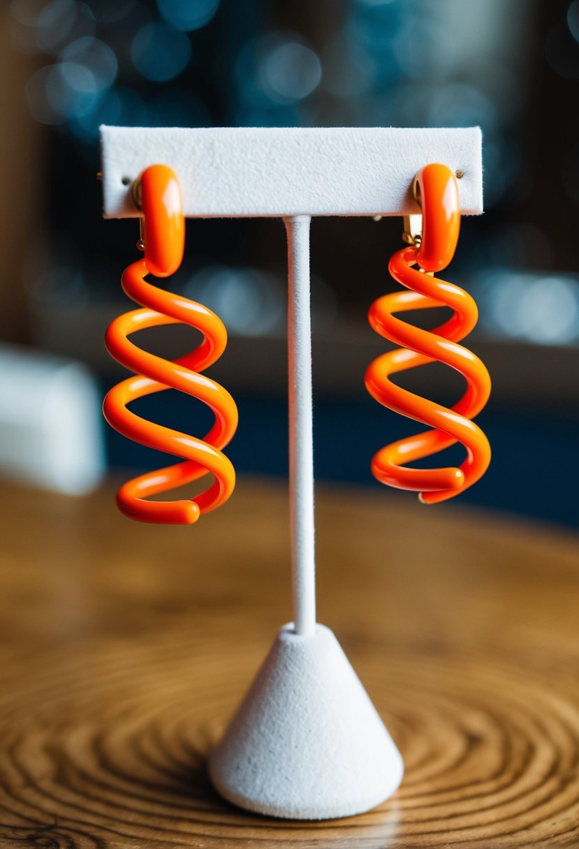 Two orange spiral art deco earrings displayed on a white velvet jewelry stand