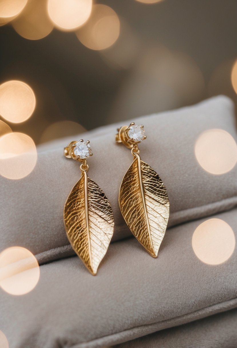 Two delicate gold leaf earrings displayed on a velvet cushion in soft lighting