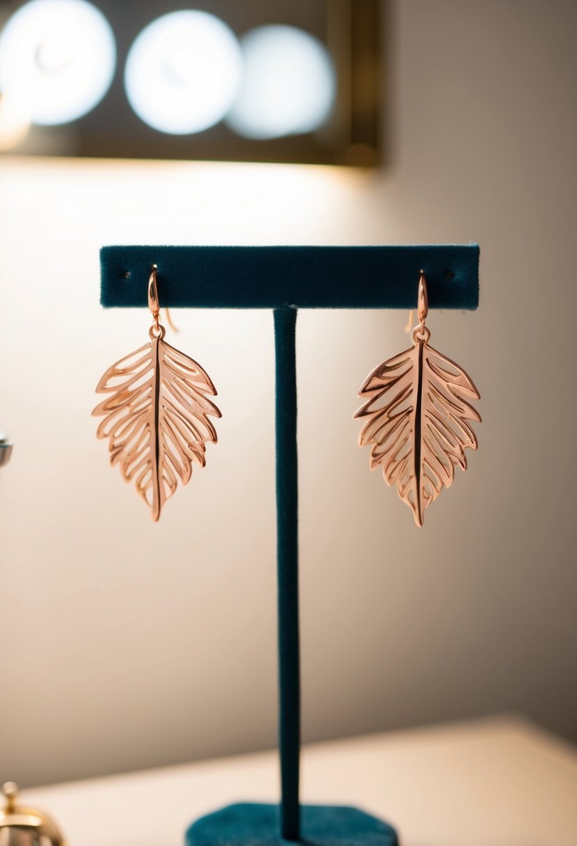 A delicate pair of rose gold leaf earrings displayed on a velvet jewelry stand, with soft lighting accentuating their intricate design