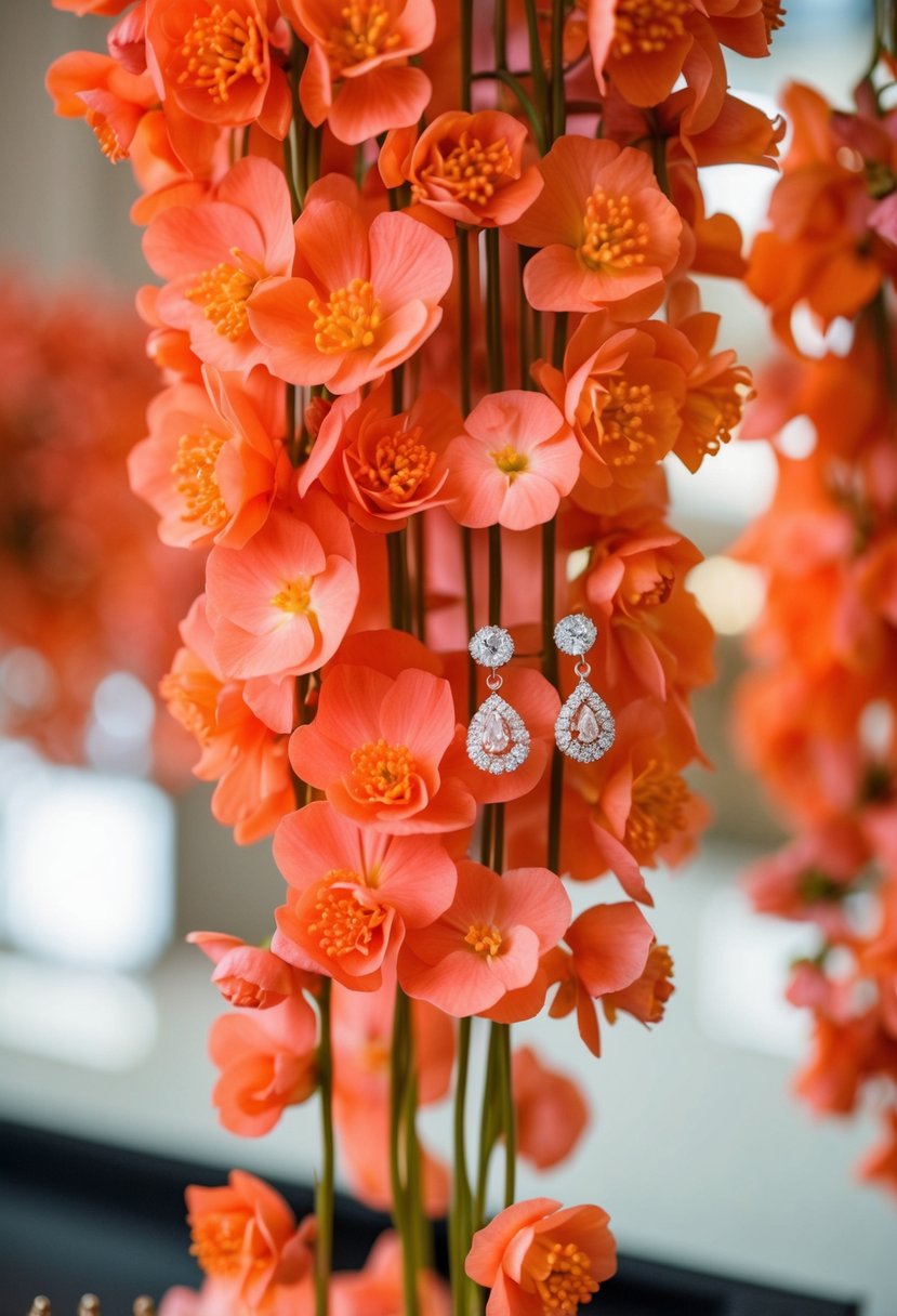 Vibrant coral-orange flowers cascading from a delicate earring display