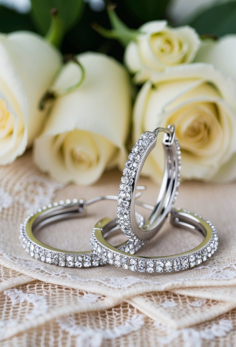 Two silver hoop earrings with sparkling crystals, arranged on a delicate lace fabric with a bouquet of white roses in the background