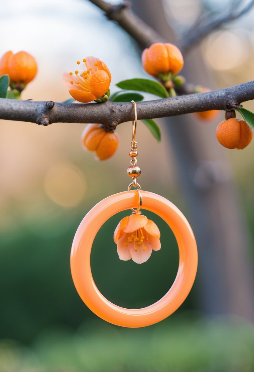 A peachy orange circle earring dangling from a branch with orange blossoms