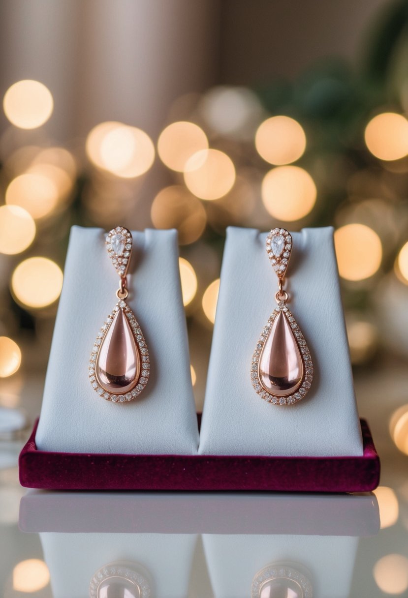 A pair of elegant rose gold tear drop earrings displayed on a velvet cushion, surrounded by soft, romantic lighting