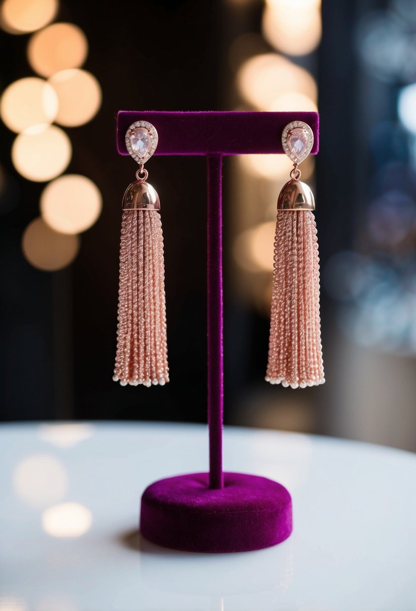 A pair of rose gold tassel earrings displayed on a velvet jewelry stand, with soft lighting highlighting their delicate details