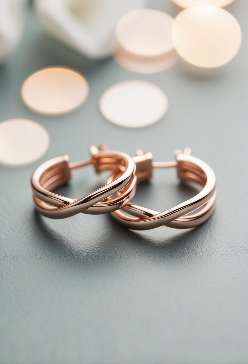 Two 14K rose gold infinity earrings intertwined, with delicate details and a polished finish, creating an elegant and timeless wedding accessory