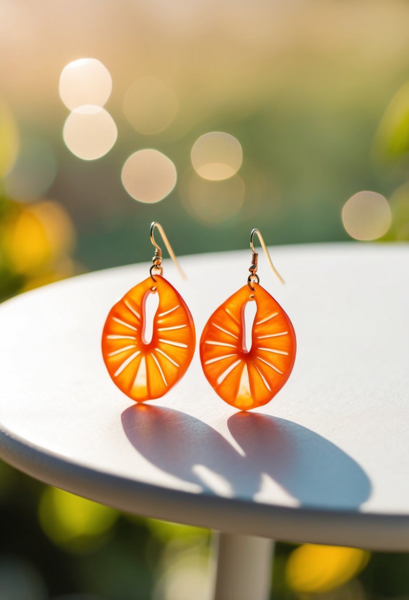 A table with a pair of tangerine shell earrings in the sunlight