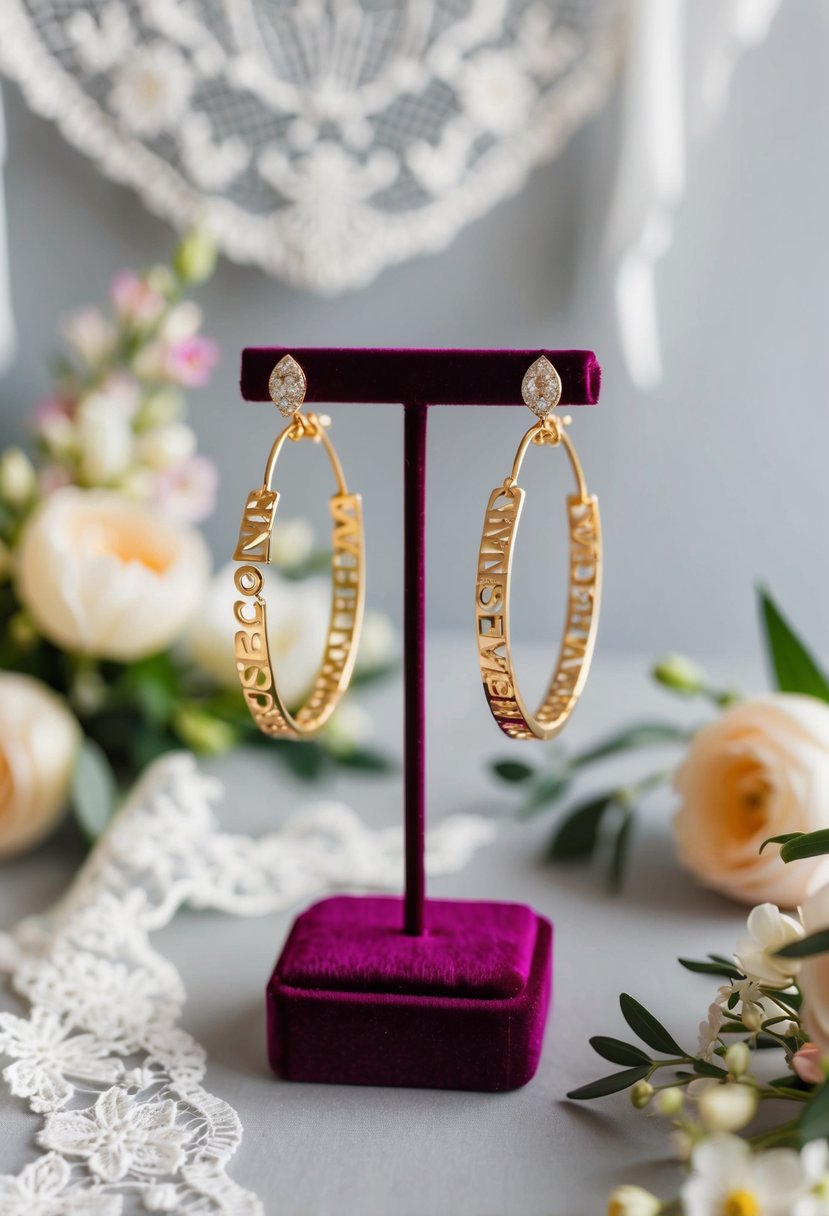 A pair of elegant custom name hoop earrings displayed on a velvet jewelry stand, surrounded by delicate lace and floral wedding decorations