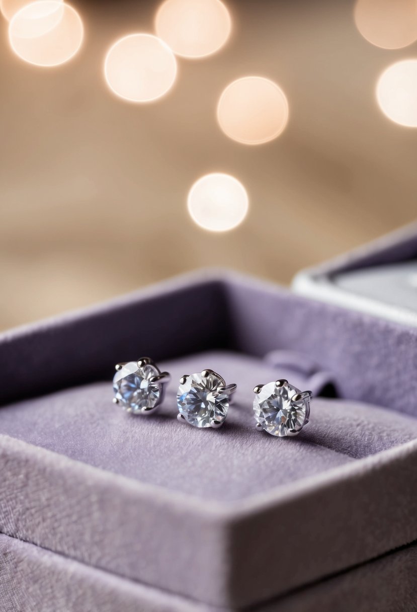 A close-up of delicate diamond studs on a velvet jewelry box