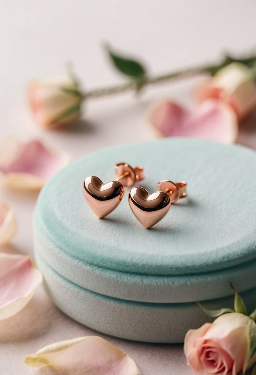 A pair of dainty rose gold heart earrings resting on a soft, pastel-colored surface, surrounded by delicate rose petals