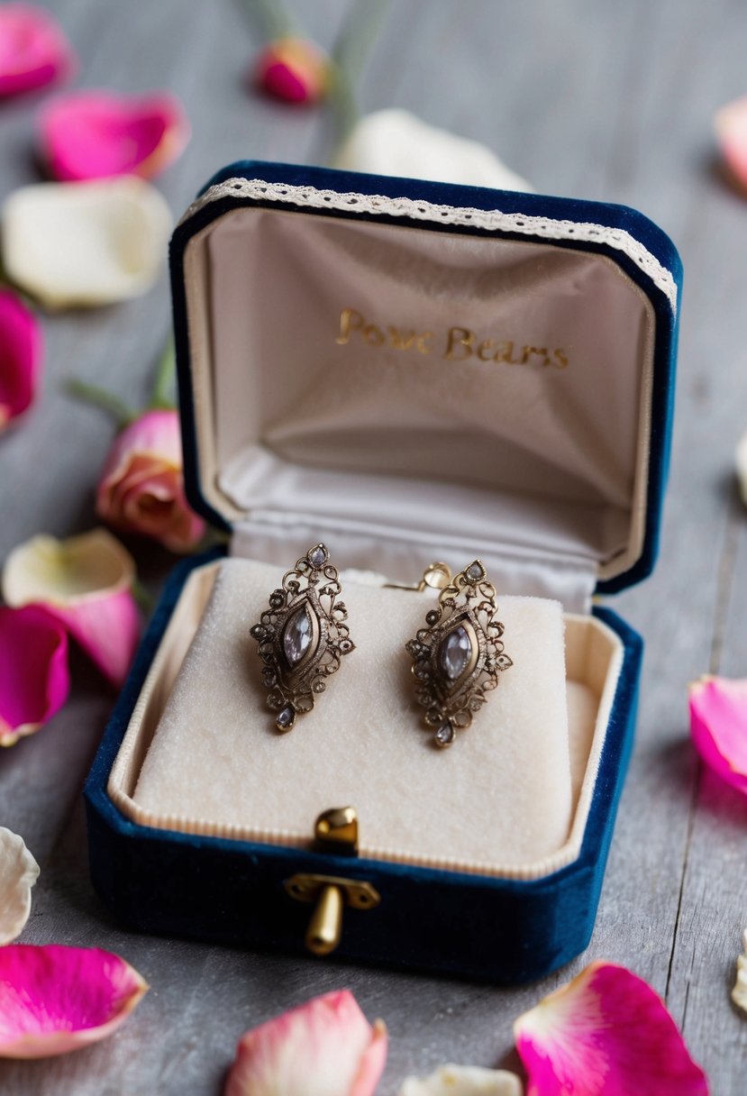 A delicate pair of vintage clip-on earrings displayed on a lace-lined velvet jewelry box, surrounded by scattered rose petals