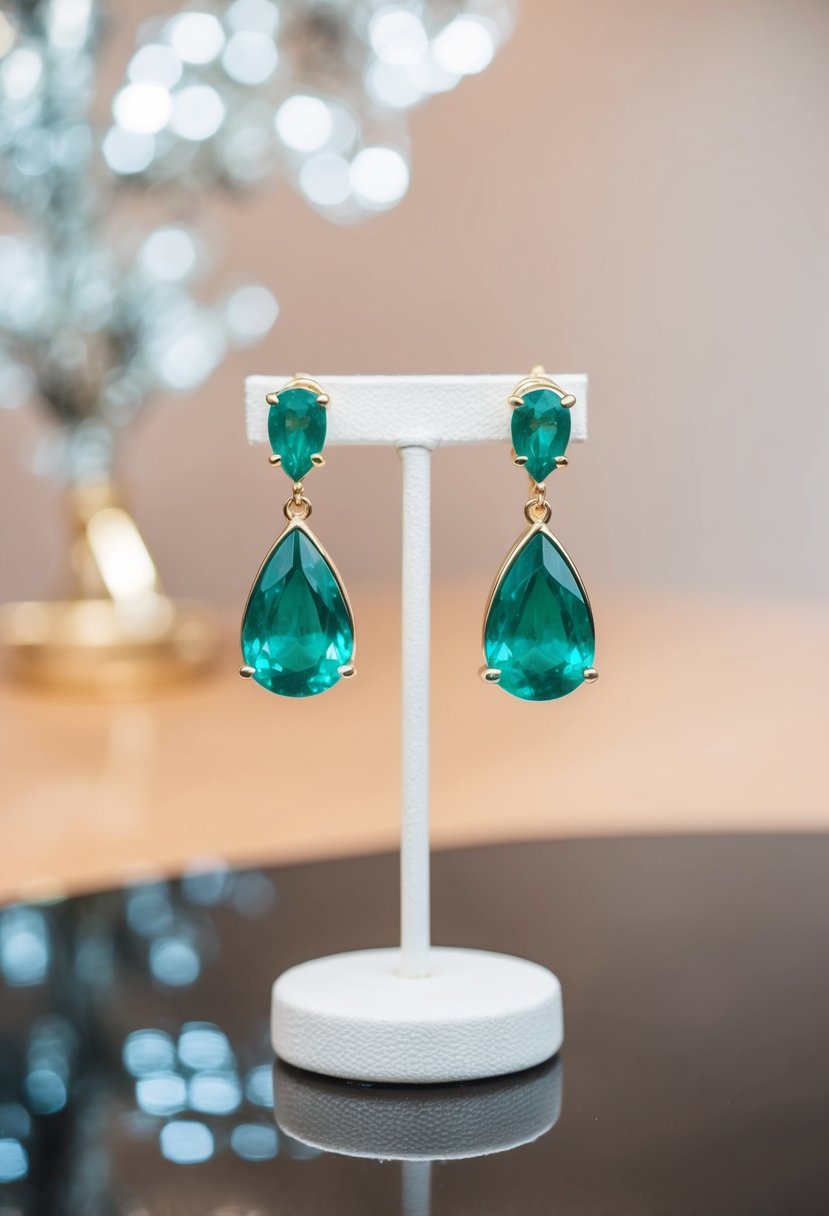 Two emerald teardrop earrings on a delicate display stand