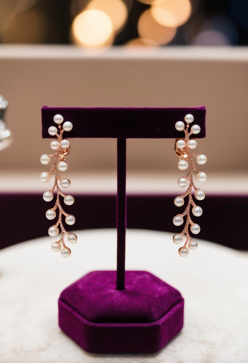 A pair of delicate rose gold and pearl vine earrings showcased on a velvet jewelry display