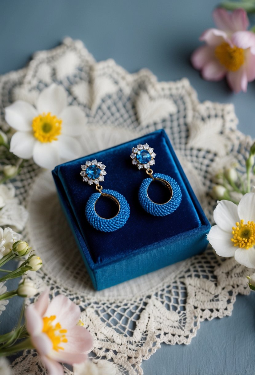 A pair of blue Mabe earrings displayed on a velvet cushion, surrounded by delicate lace and floral accents