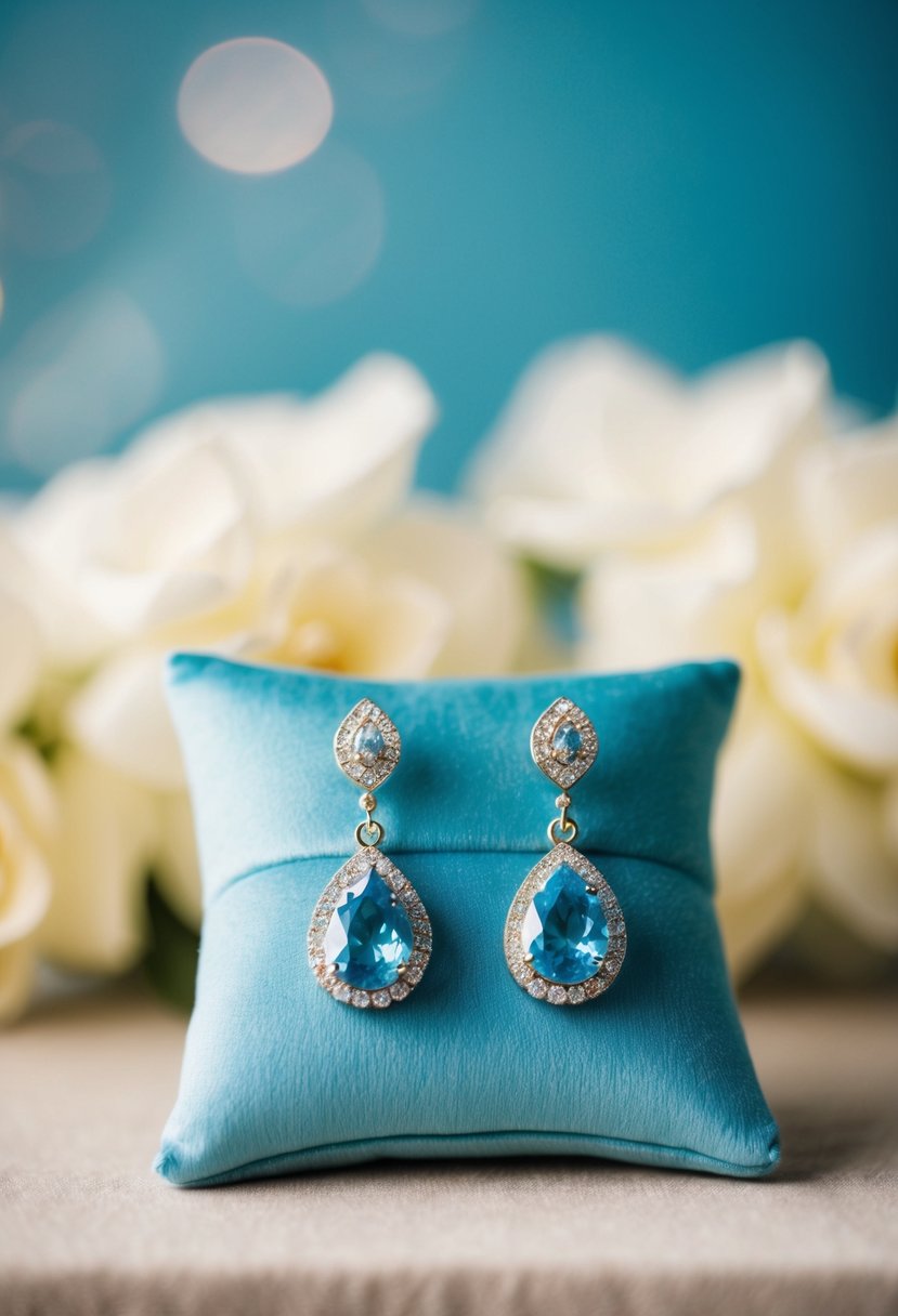 A pair of light blue wedding earrings displayed on a velvet cushion, with soft lighting highlighting their delicate details