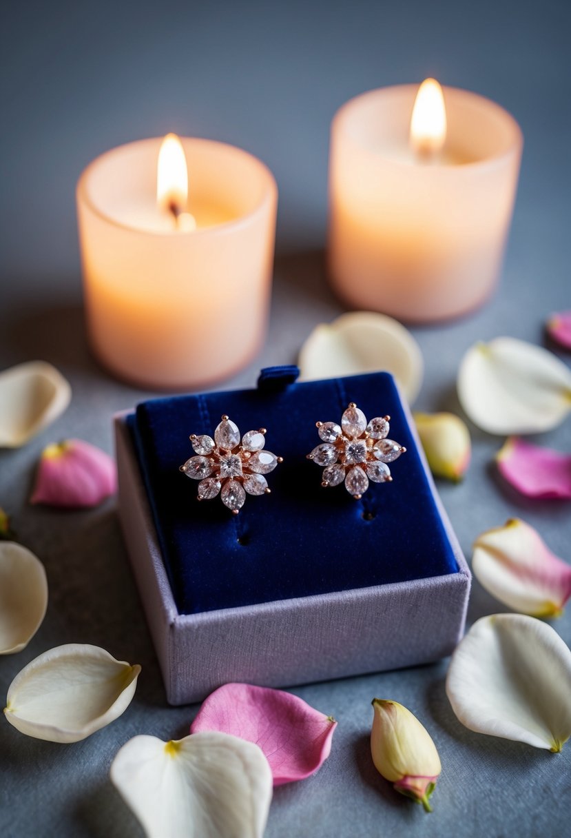 A pair of Marquis Cluster Rose Gold Earrings displayed on a velvet cushion, surrounded by delicate rose petals and soft candlelight