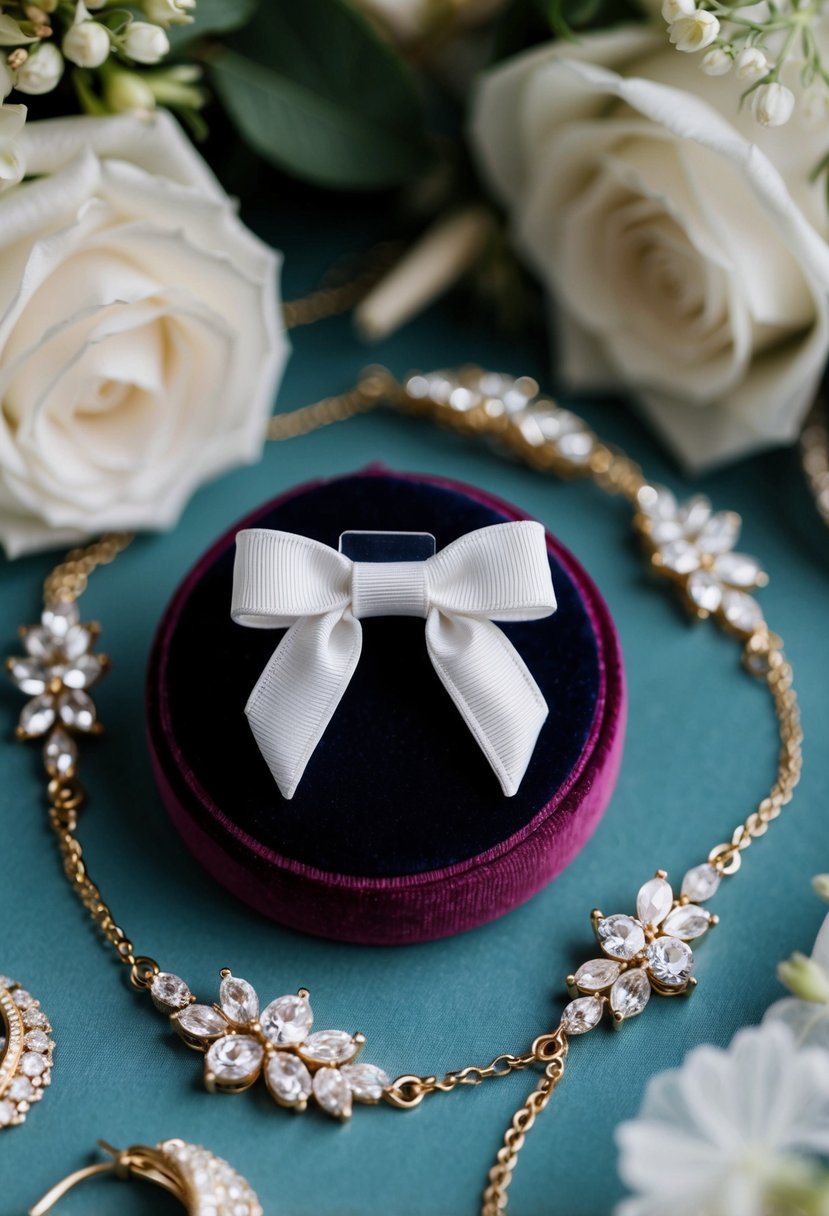 A delicate pair of bow dolly earrings displayed on a velvet cushion, surrounded by other elegant wedding accessories