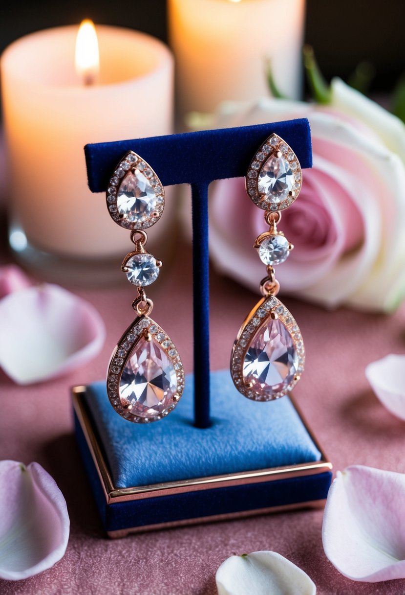 A pair of Rhinestone Rose Gold Drops earrings sparkling on a velvet display, surrounded by delicate rose petals and soft candlelight