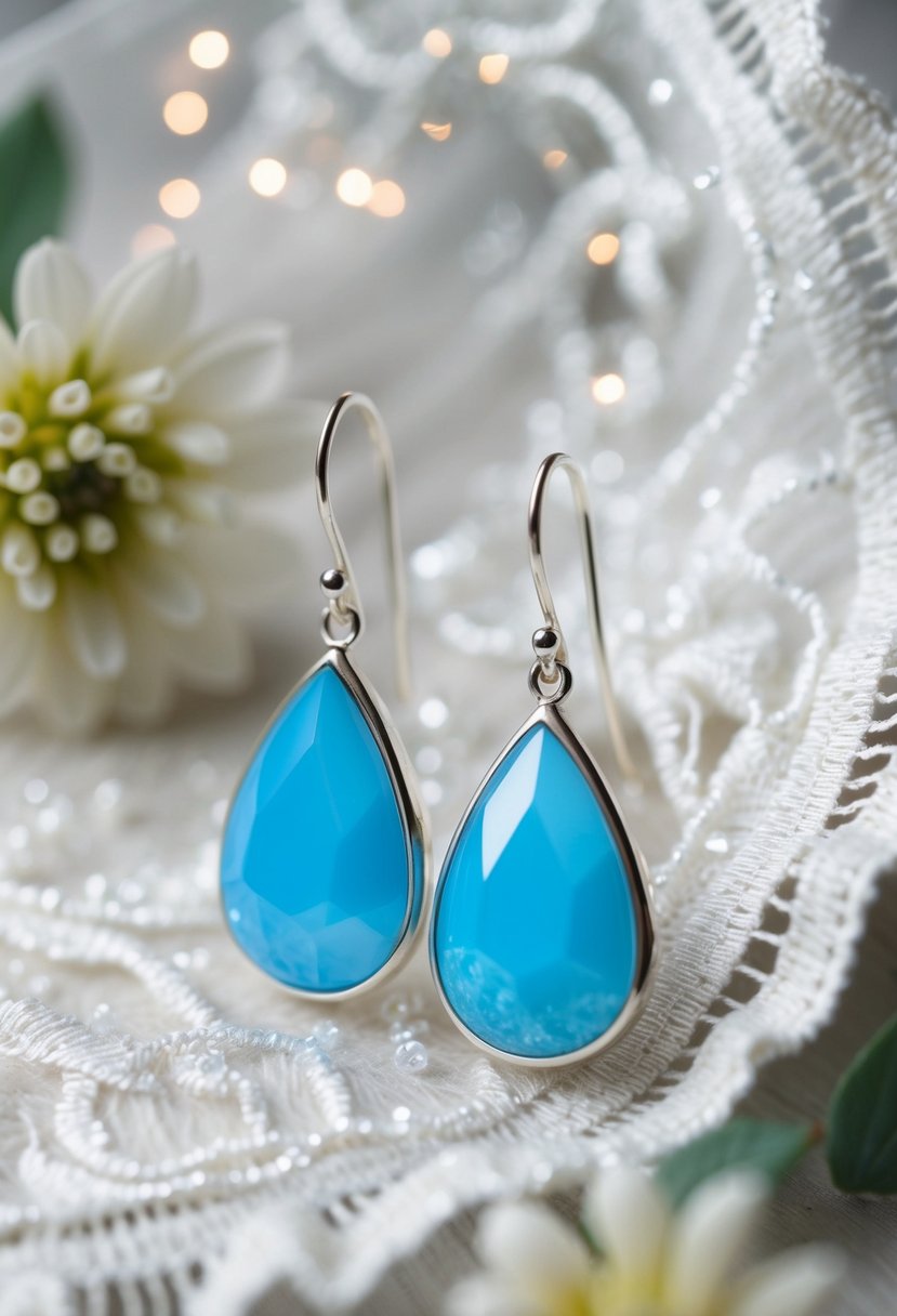 A pair of sky blue teardrop silver earrings, glistening under soft light, surrounded by delicate lace and floral details