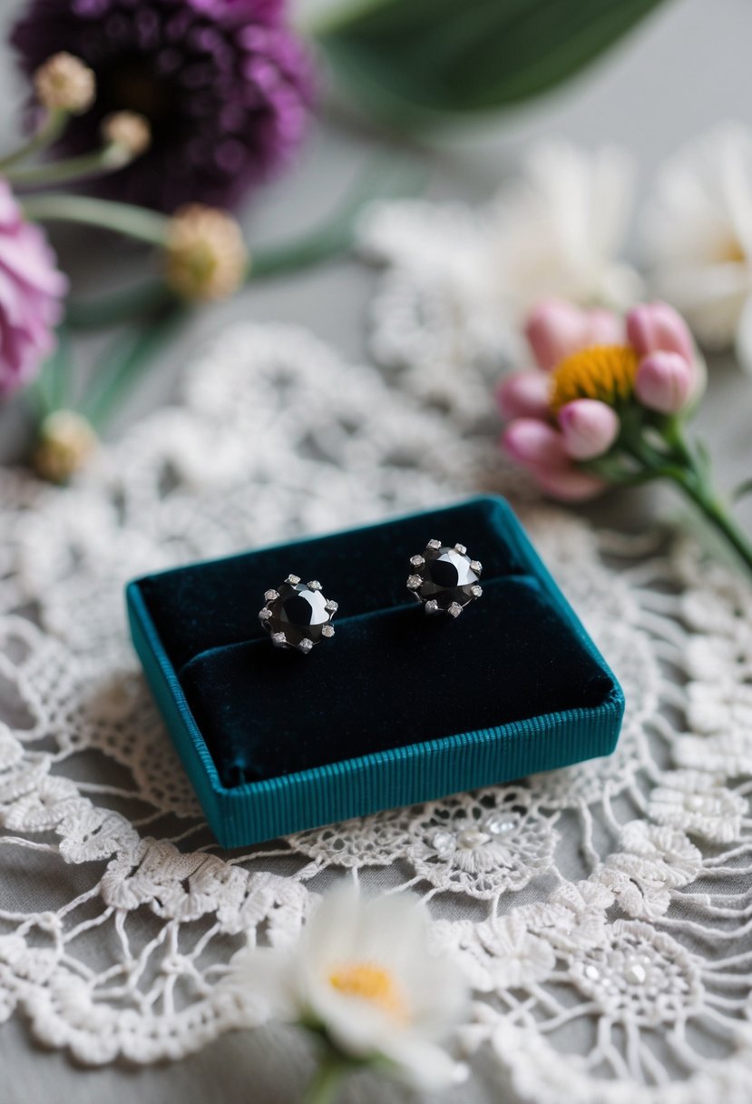 Two black diamond studs displayed on a velvet cushion, surrounded by delicate lace and floral accents