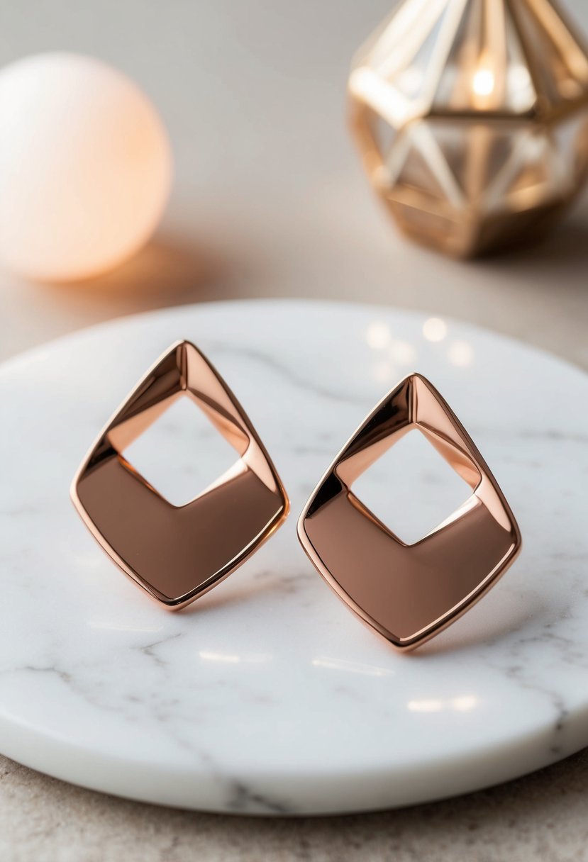 A pair of bold rose gold geometric earrings displayed on a white marble surface with soft, natural lighting