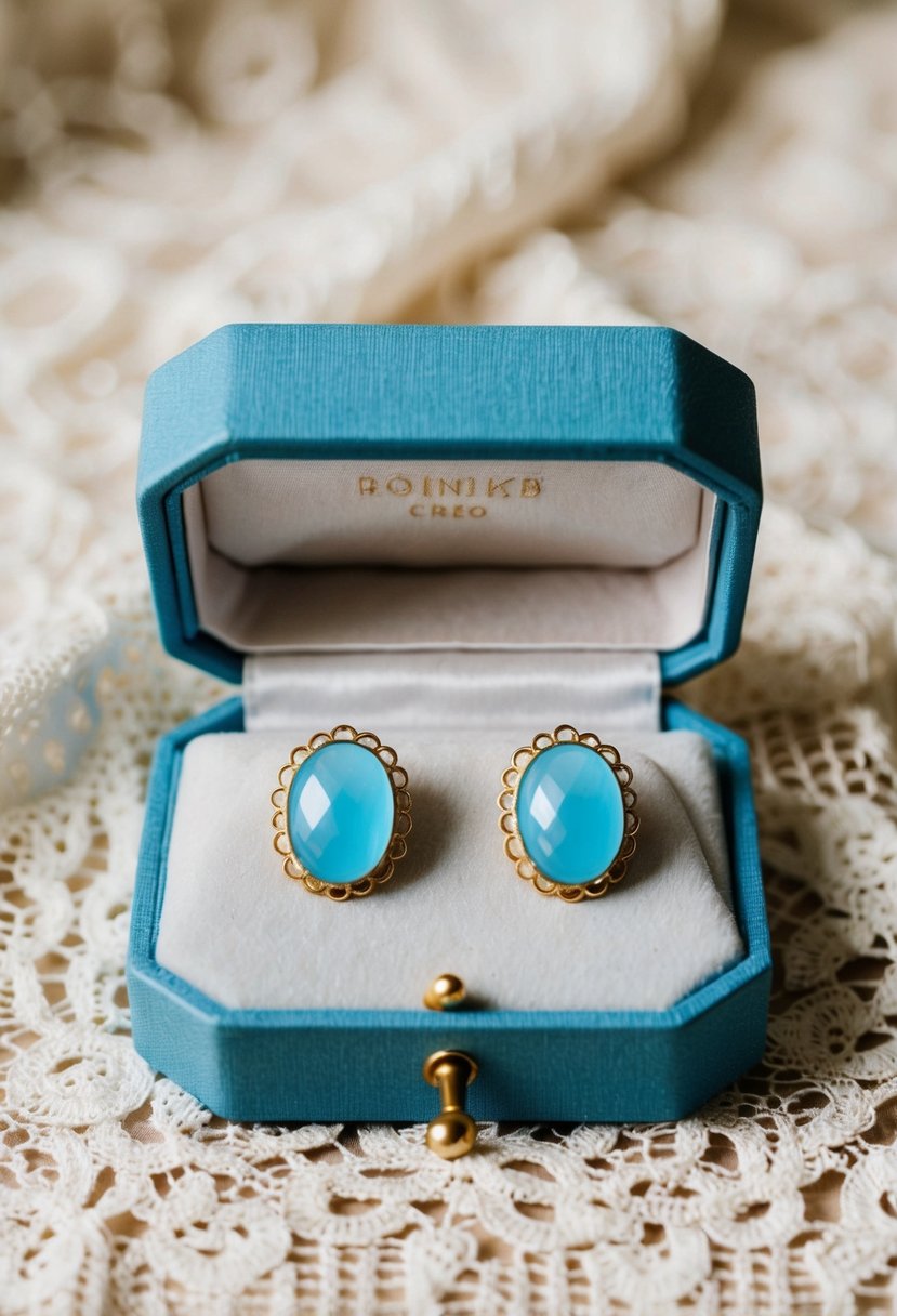 A dusty blue jewelry box with delicate light blue earrings on a lace fabric background