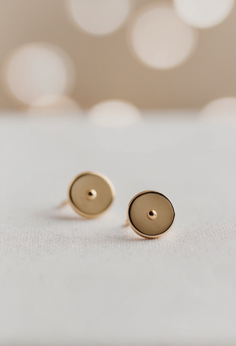 A close-up of two simple gold studs against a soft, neutral background