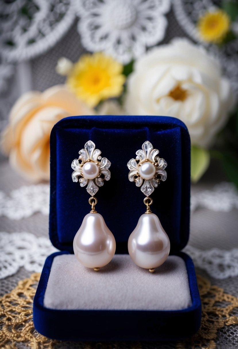 A pair of Baroque pearl drop earrings displayed on a velvet cushion with intricate floral and lace details in the background