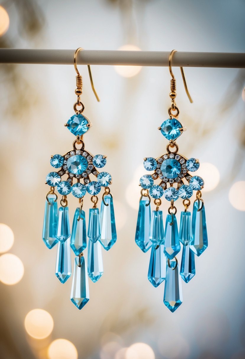 A pair of light blue crystal chandelier earrings hanging from a delicate display, surrounded by soft, ethereal lighting