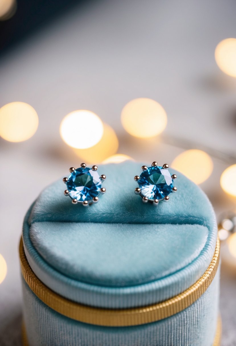 A pair of light blue rhinestone stud earrings displayed on a velvet cushion, with soft lighting to highlight their sparkle