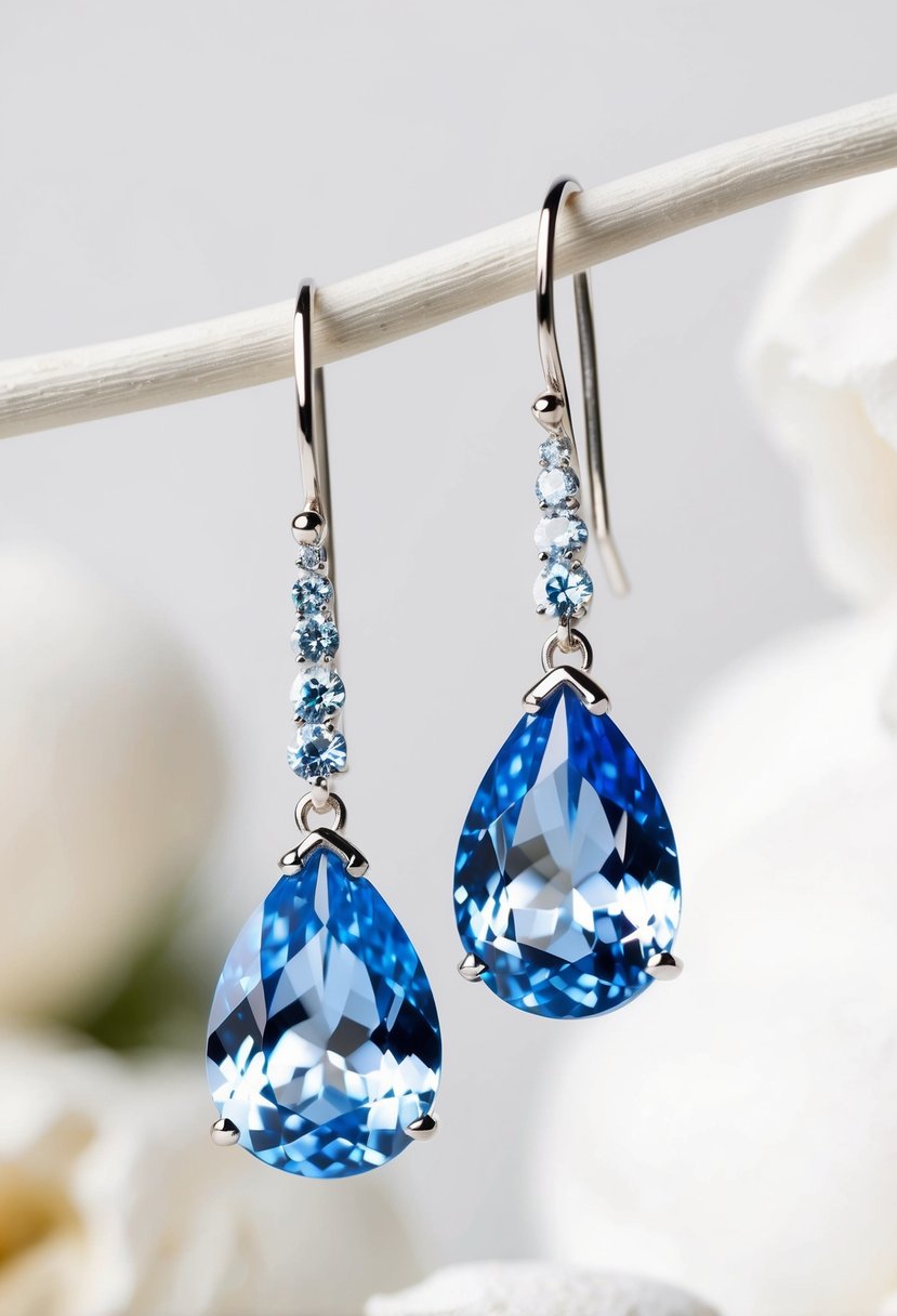 A close-up of light blue sapphire long drop earrings against a soft, white background, with delicate, intricate details shining in the light