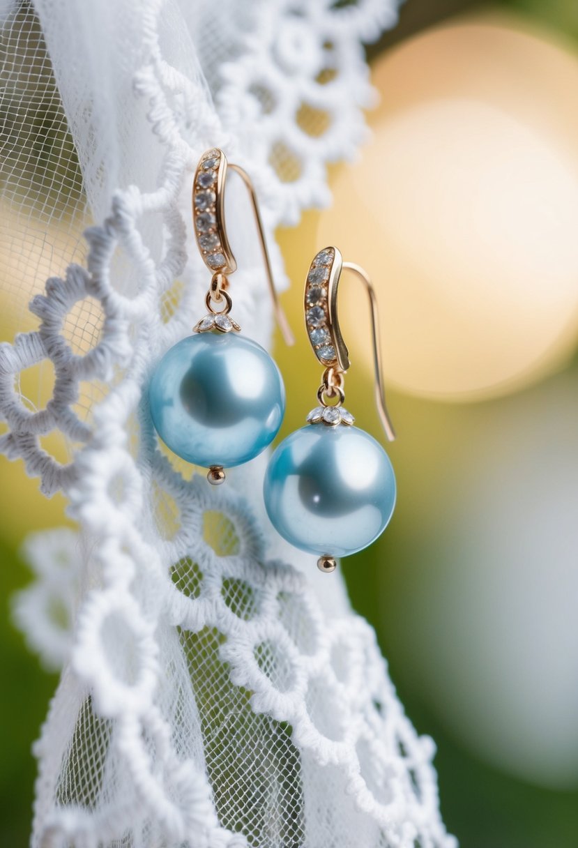 A delicate pair of light blue pearl earrings on a white lace bridal veil