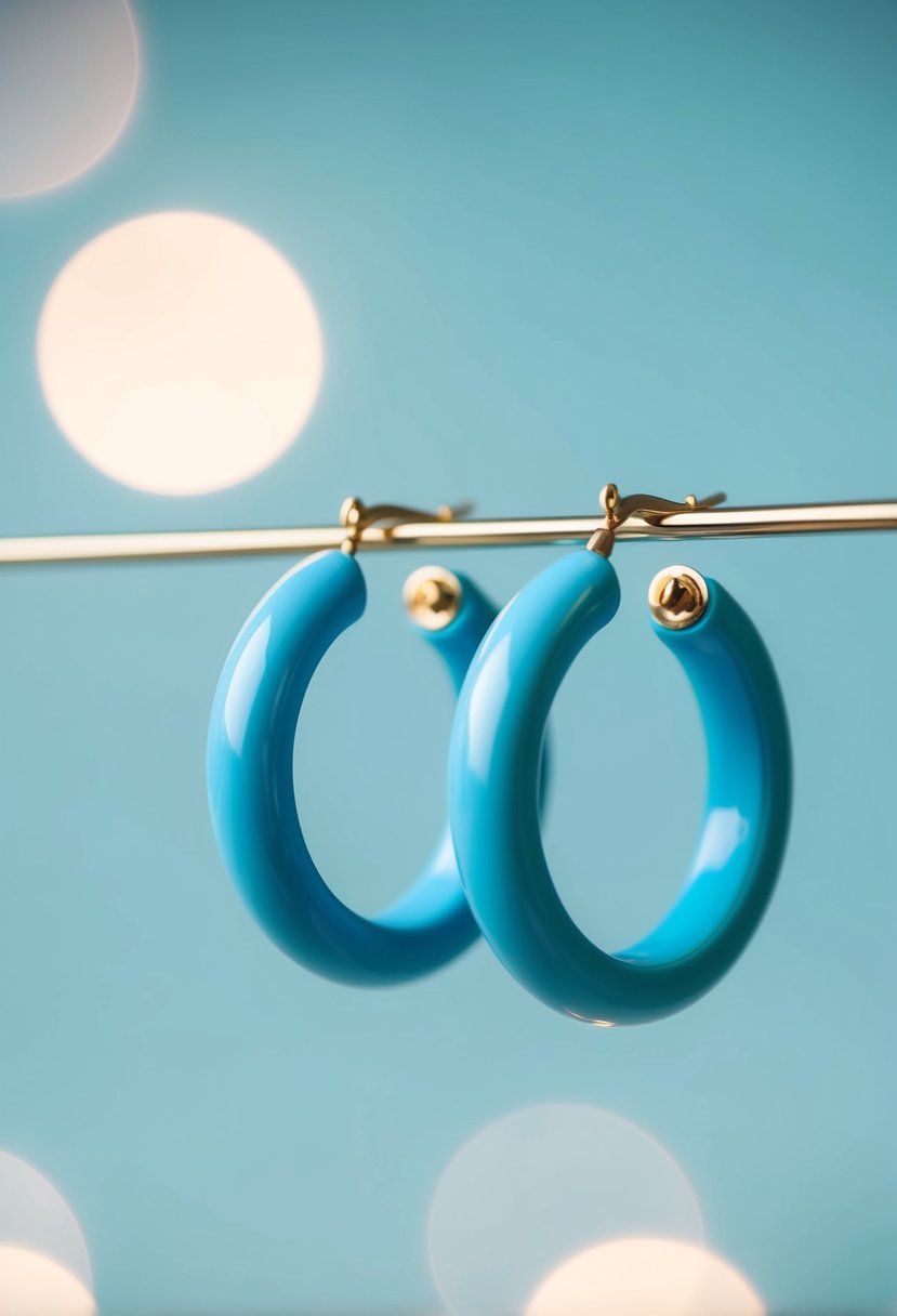 A pair of aqua blue hoop earrings displayed on a light blue background, with soft lighting to highlight their delicate design