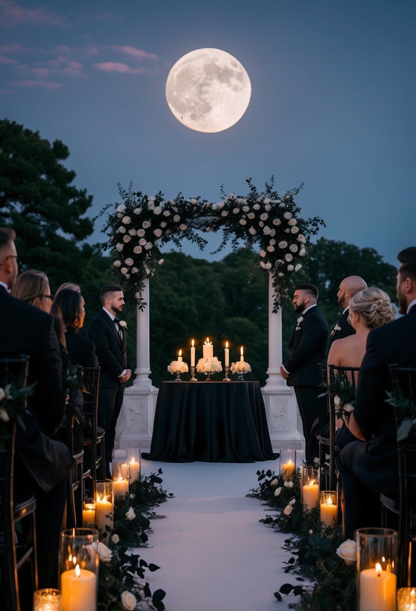 A gothic wedding ceremony under a full moon, with black roses, candles, and a dark, elegant altar