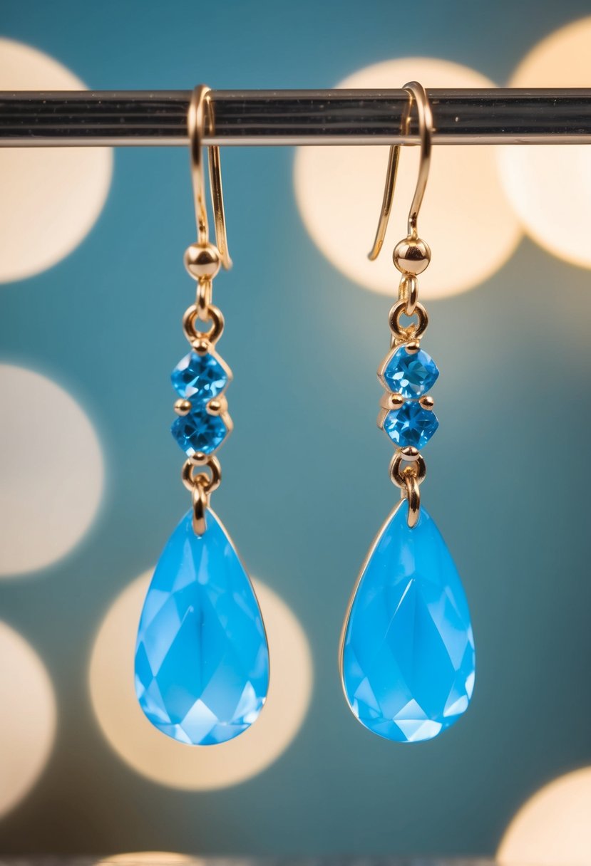 A pair of sky blue dangle earrings hanging from a display, catching the light and sparkling with a delicate and elegant design