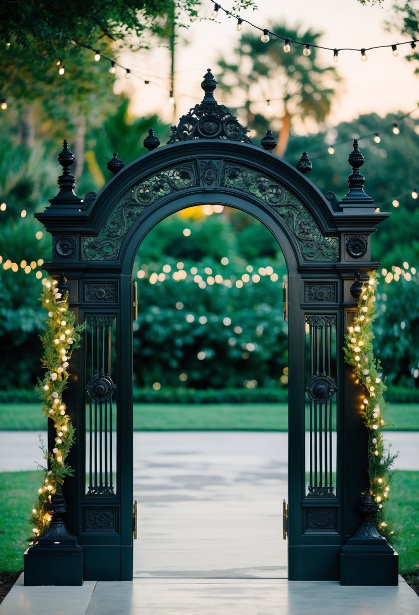 An elegant black archway adorned with intricate details, set against a backdrop of lush greenery and twinkling lights