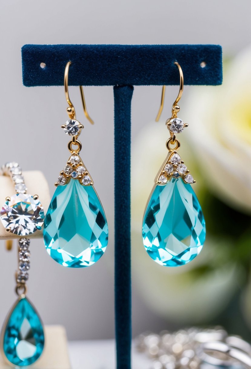 A pair of delicate teardrop earrings in a light turquoise color, adorned with sparkling crystals, hang from a display stand, surrounded by other bridal jewelry