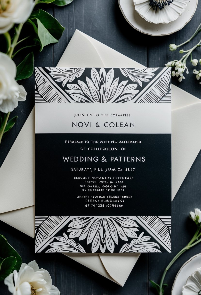 A black and white monochrome wedding invitation with elegant floral motifs and geometric patterns