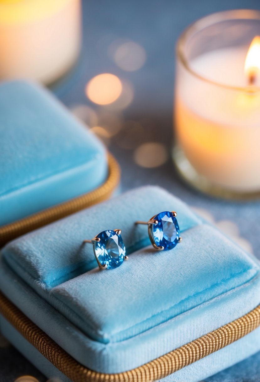 Two light blue sapphire studs on a velvet cushion, surrounded by soft candlelight