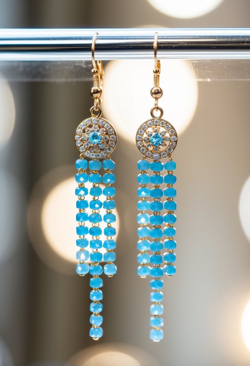 A pair of light blue chandelier earrings hang delicately from a display, catching the light and sparkling with elegance