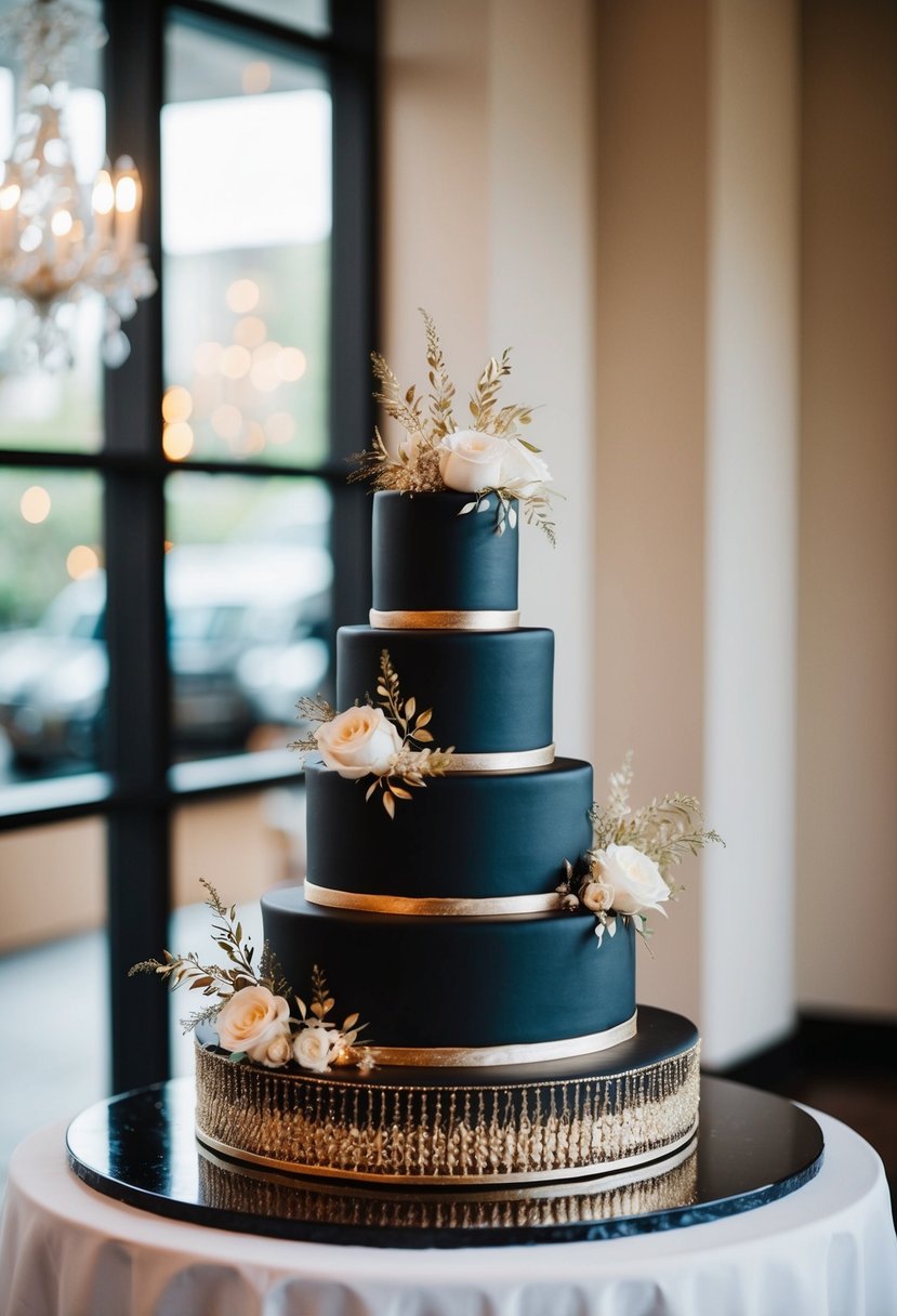 A glamorous black wedding cake adorned with elegant gold accents