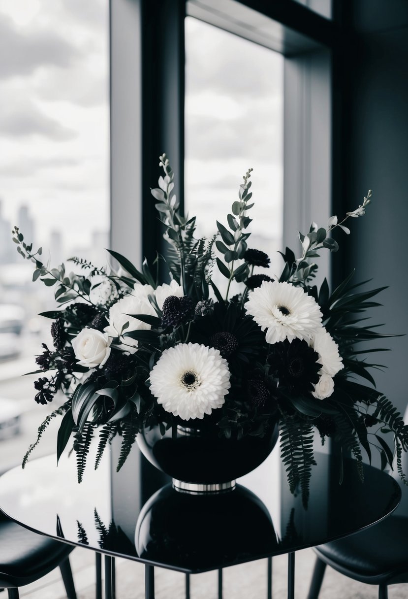 A sleek black and white flower arrangement sits on a modern table, with elegant blooms and foliage creating a sophisticated and monochromatic display