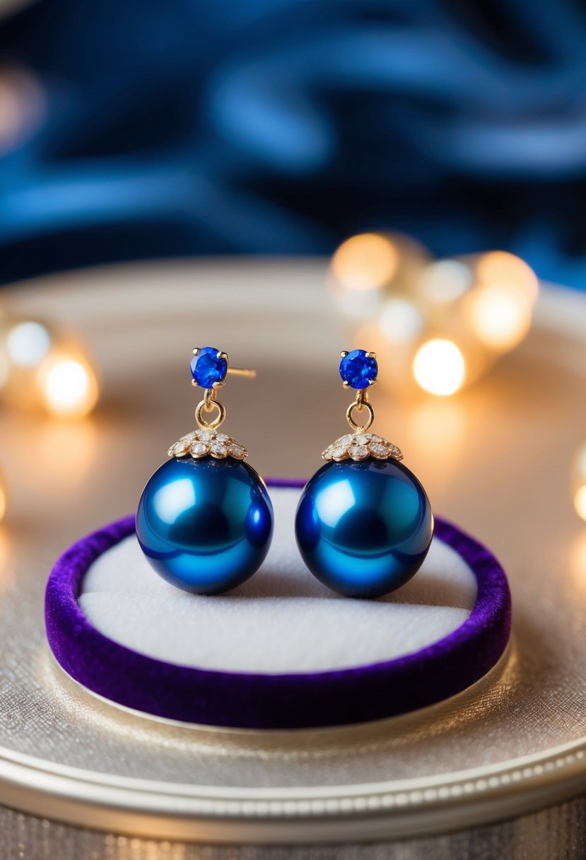 Royal Blue Pearl Earrings on a velvet cushion with soft lighting