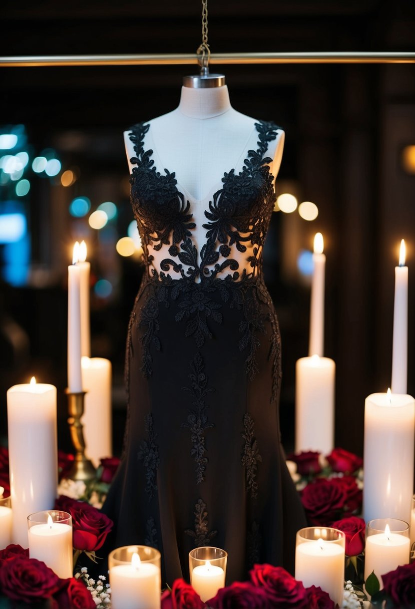 A black wedding dress with intricate lace detailing hangs on a mannequin, surrounded by dimly lit candles and deep red roses