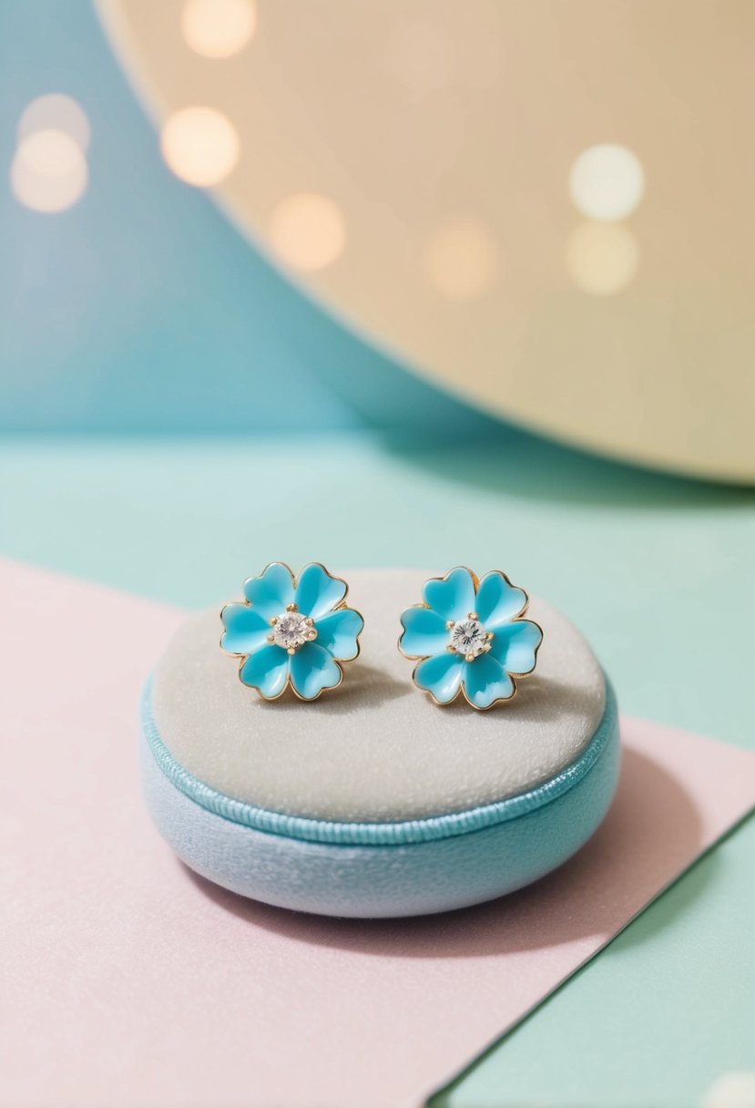 A delicate pair of light blue floral stud earrings displayed on a velvet cushion against a soft pastel background